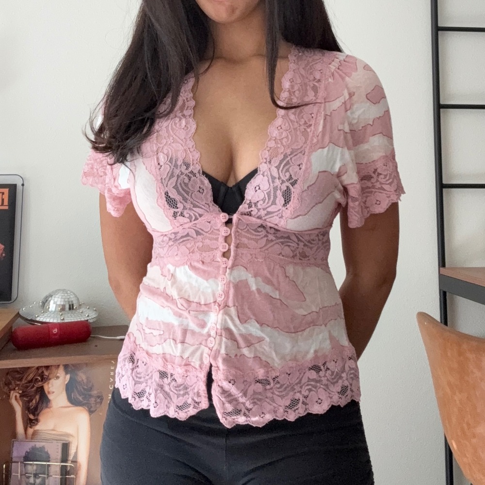 Charlotte Russe Pink Lace Trim Babydoll Top V-Neck Abstract Print XS